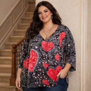 One World Red Heart Studded Sequin Boho Hi Low Tunic Blouse Top Plus Size 2X